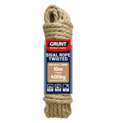 Grunt 10mm x 10m Sisal Twisted Rope, Natural Fibre, 400kg Break Strength, Weather Resistant