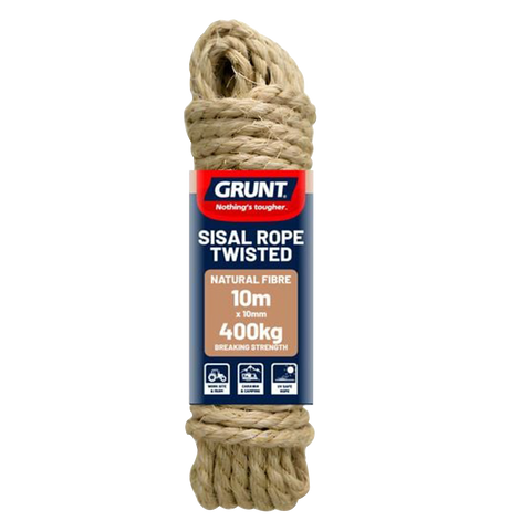 Grunt 10mm x 10m Sisal Twisted Rope, Natural Fibre, 400kg Break Strength, Weather Resistant