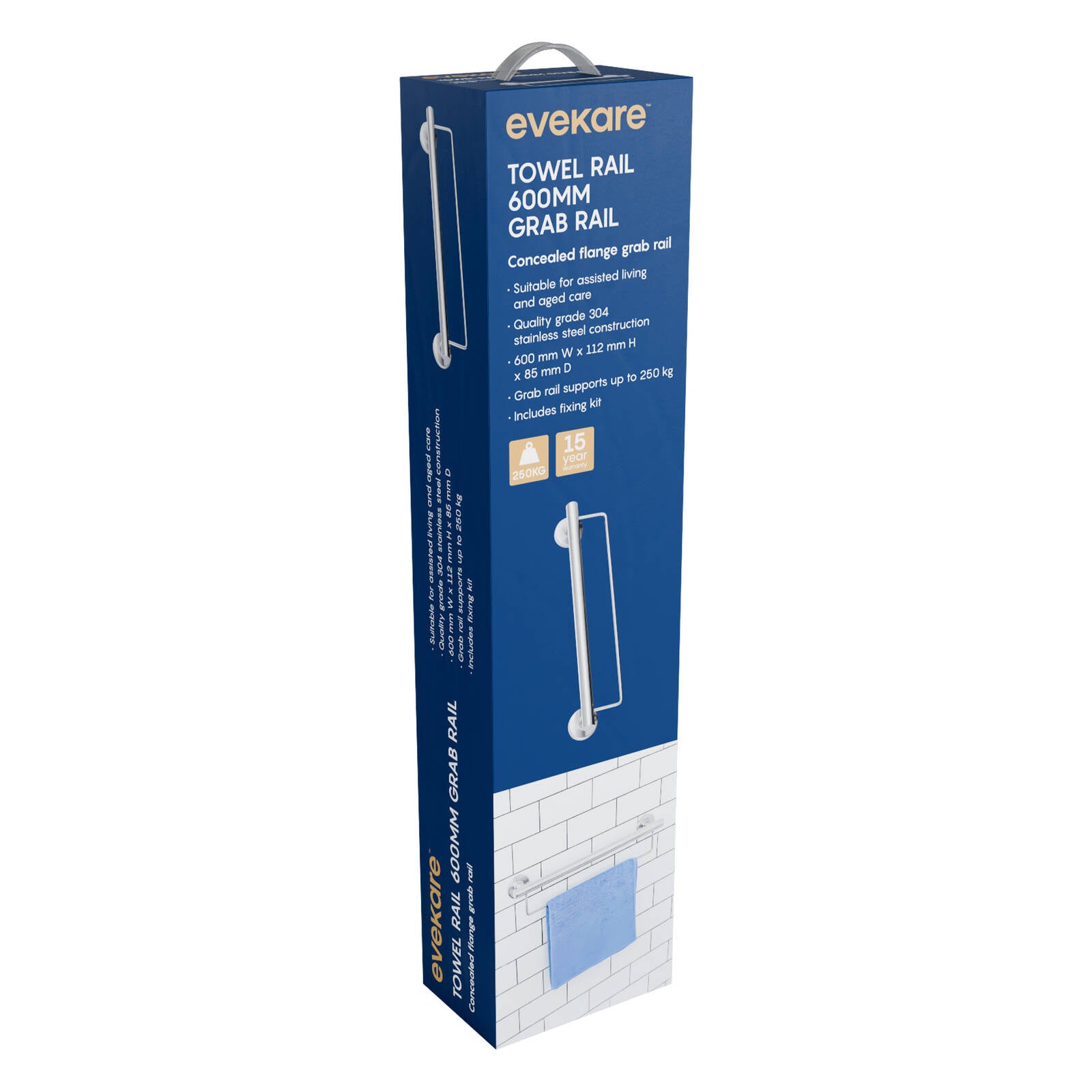 evekare 600mm Towel Rail with Grab Rail - 32mm Stainless Steel 110kg