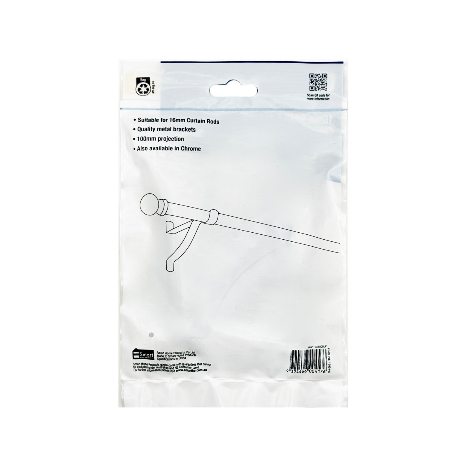 Windoware 100mm Black Metal Single Stayed Curtain Bracket - 2 Pack