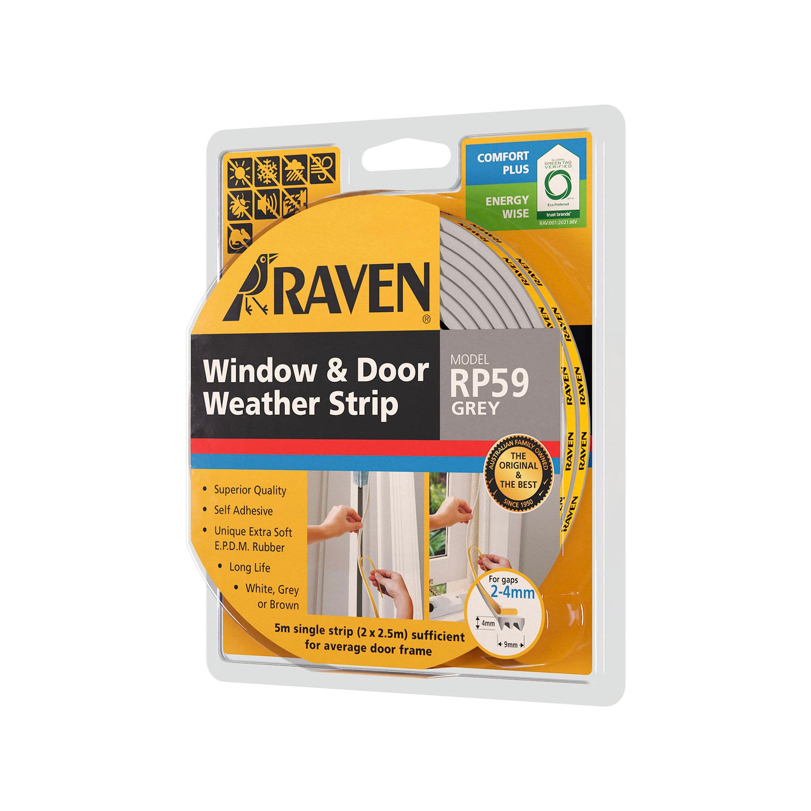 Raven RP59 5m Grey Self-Adhesive EPDM Rubber Weather Strip Door Seal