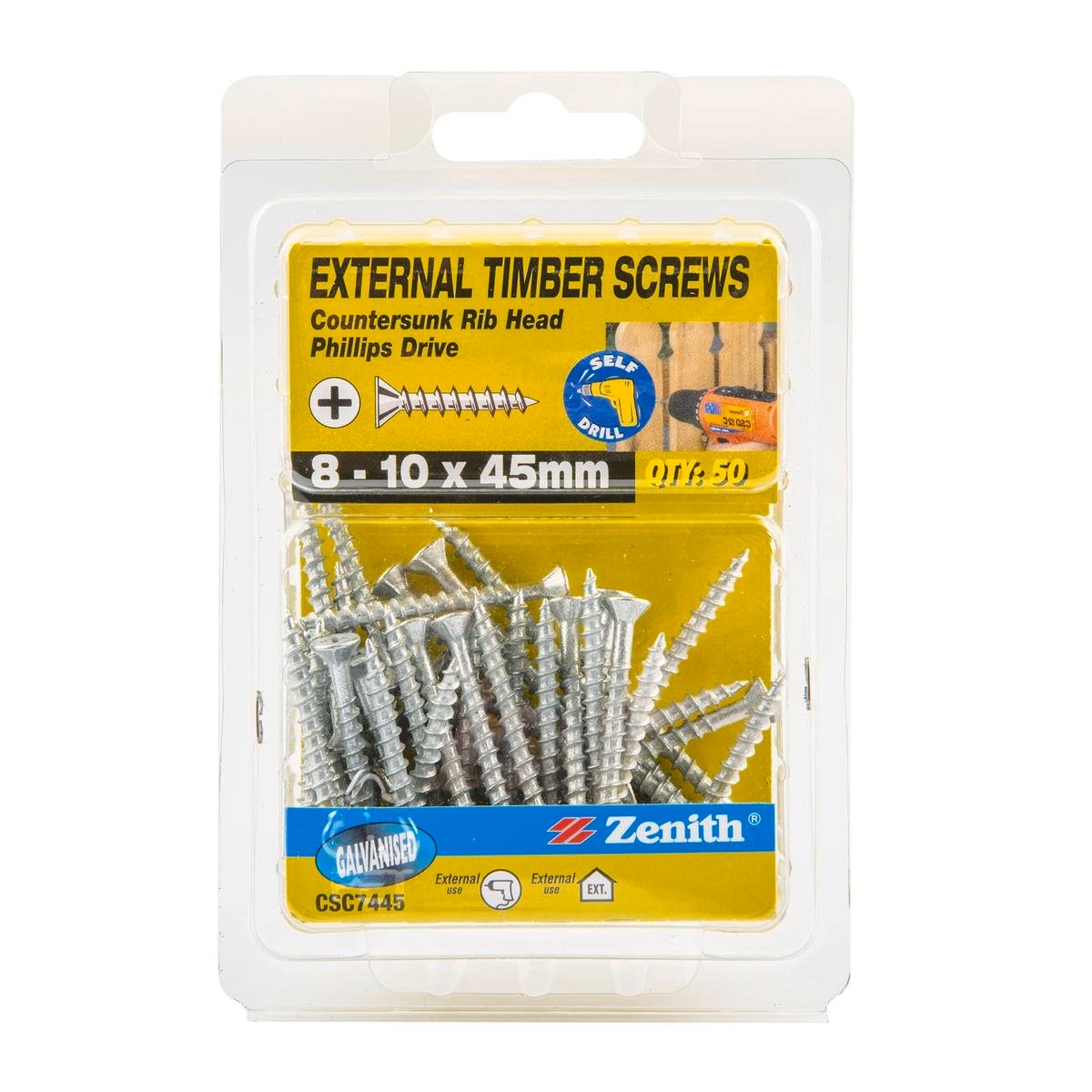 Zenith 8-10 x 45mm Galvanised Countersunk Rib Head Timber Screws - 50 Pack