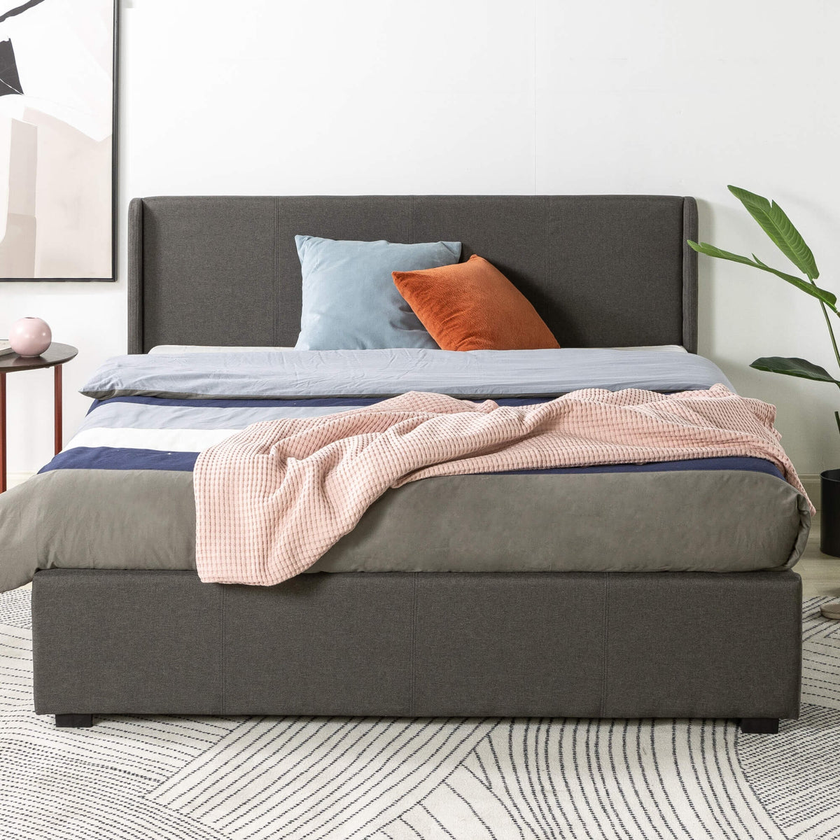 Zinus Maddon queen gas lift storage bed frame - dark grey upholstered, 317kg capacity - AU-FPPST2-12Q