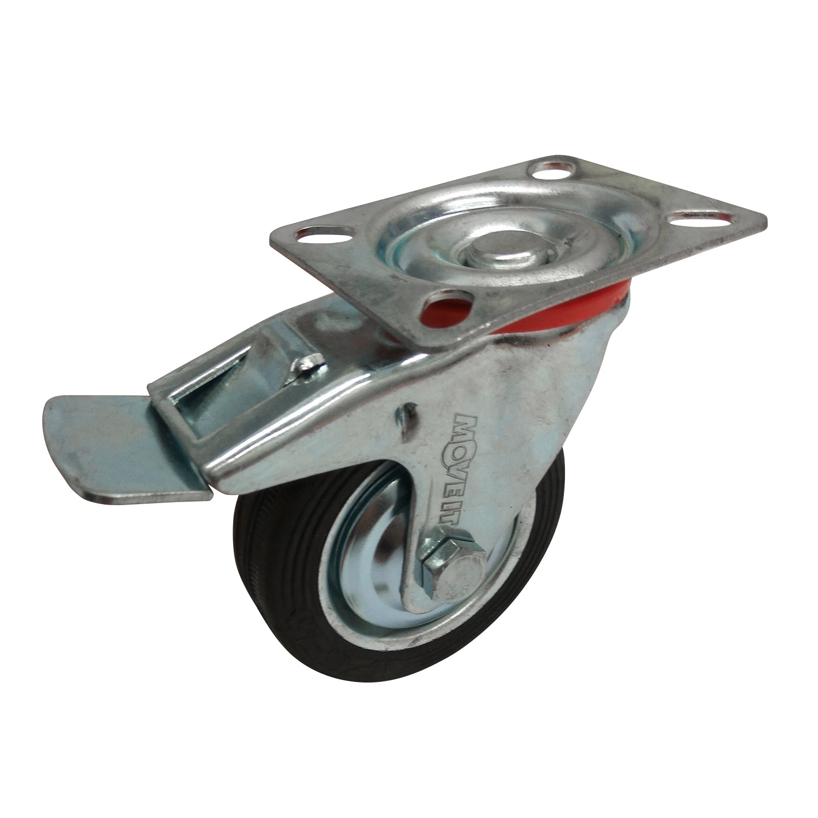 Move It 75mm Black Rubber Swivel Plate Castor with Brake, Indoor, 50kg