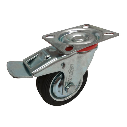 Move It 75mm Black Rubber Swivel Plate Castor with Brake, Indoor, 50kg