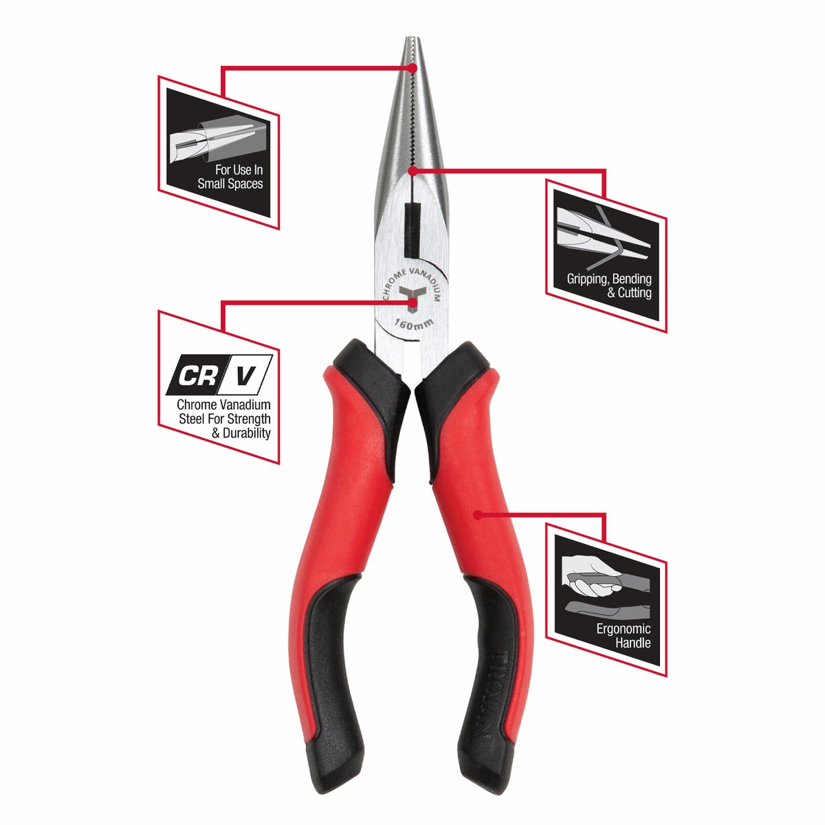 Trojan 160mm Long Nose Plier Red and Black CRV
