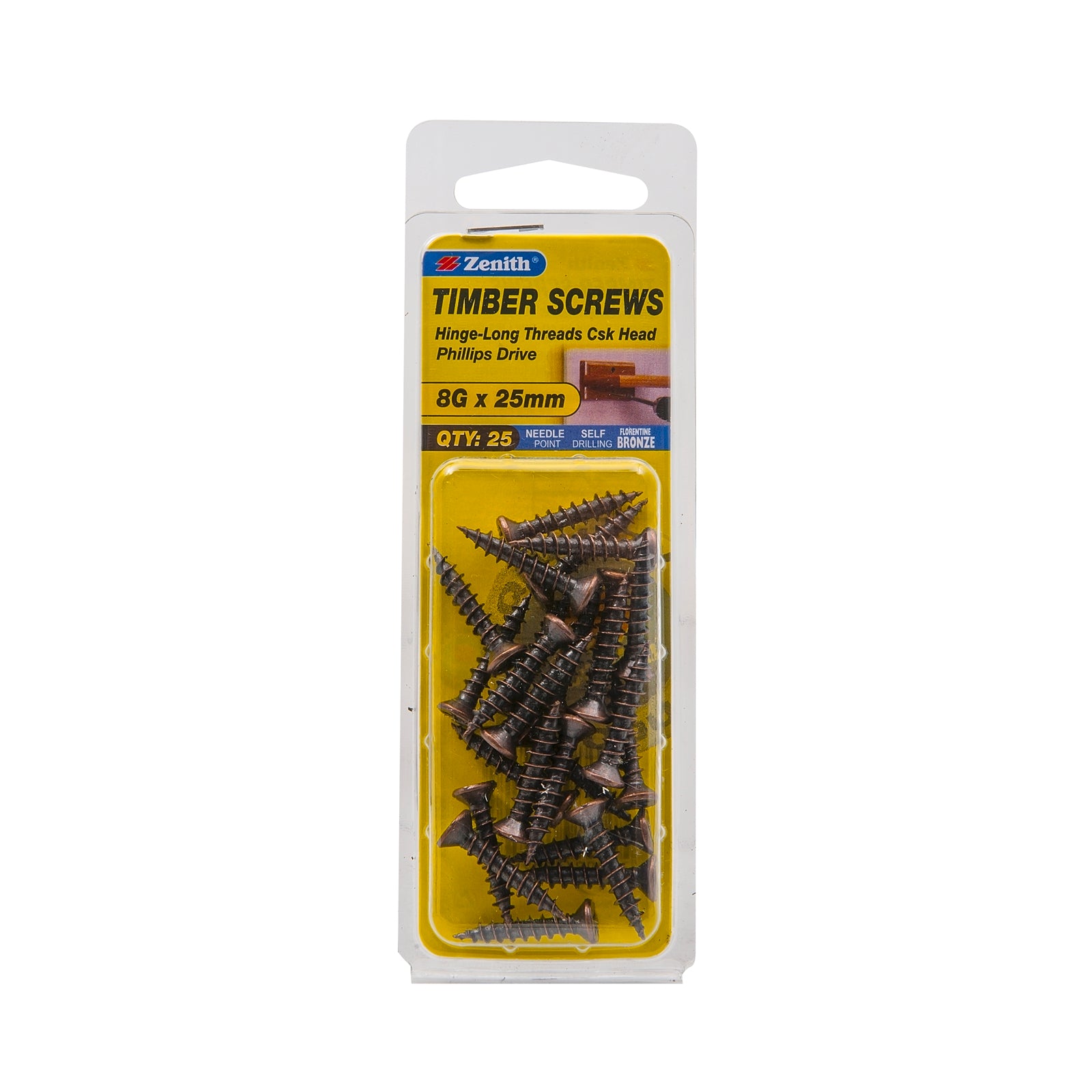 Zenith 8G x 25mm Florentine Bronze Countersunk Hinge-Long Thread Timber Screws - 25 Pack