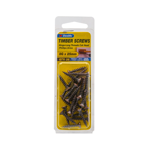 Zenith 8G x 25mm Florentine Bronze Countersunk Hinge-Long Thread Timber Screws - 25 Pack