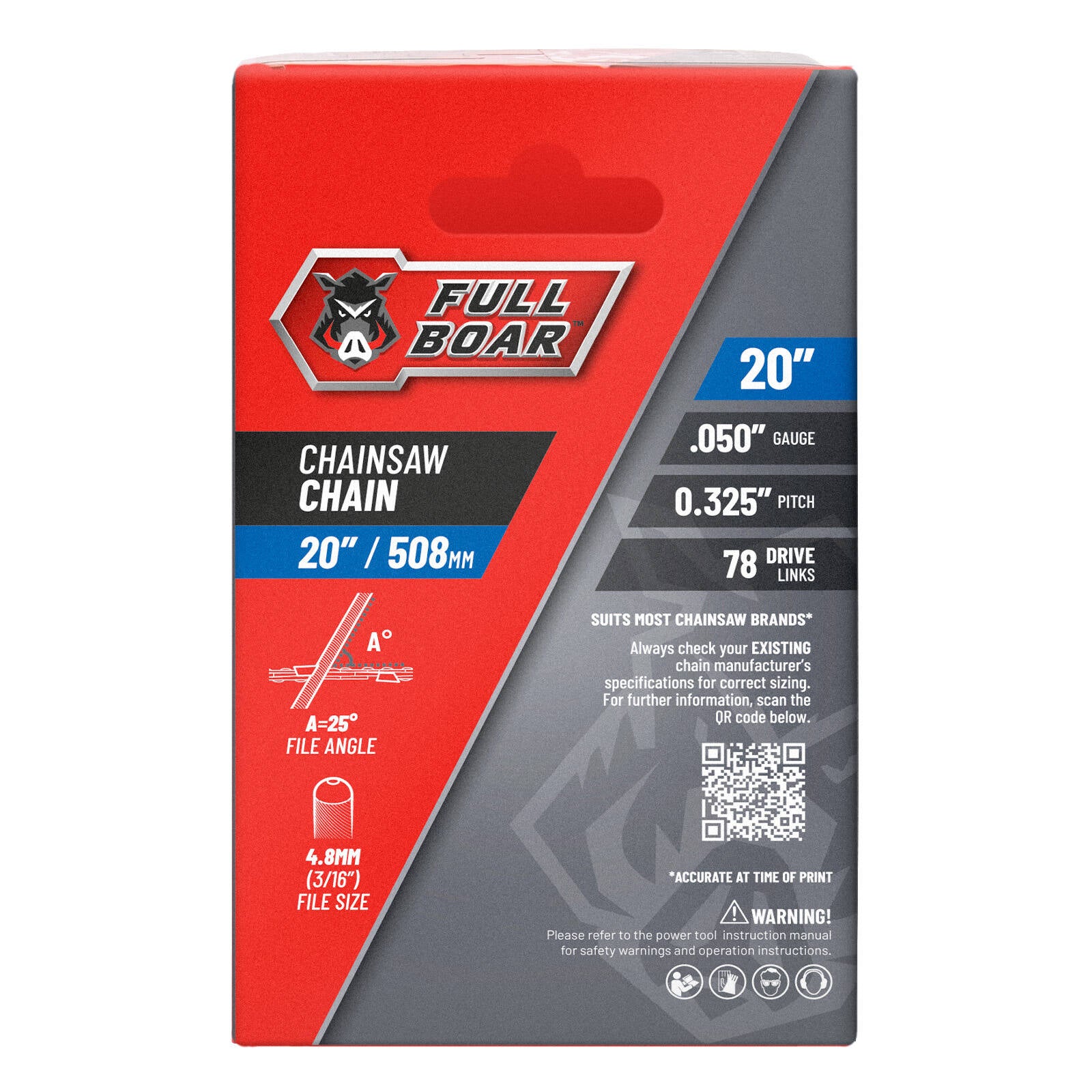 Full Boar 20" / 508mm Semi Chisel Chainsaw Chain - 78 Drive Links, 0.325" Pitch, 0.05 Gauge