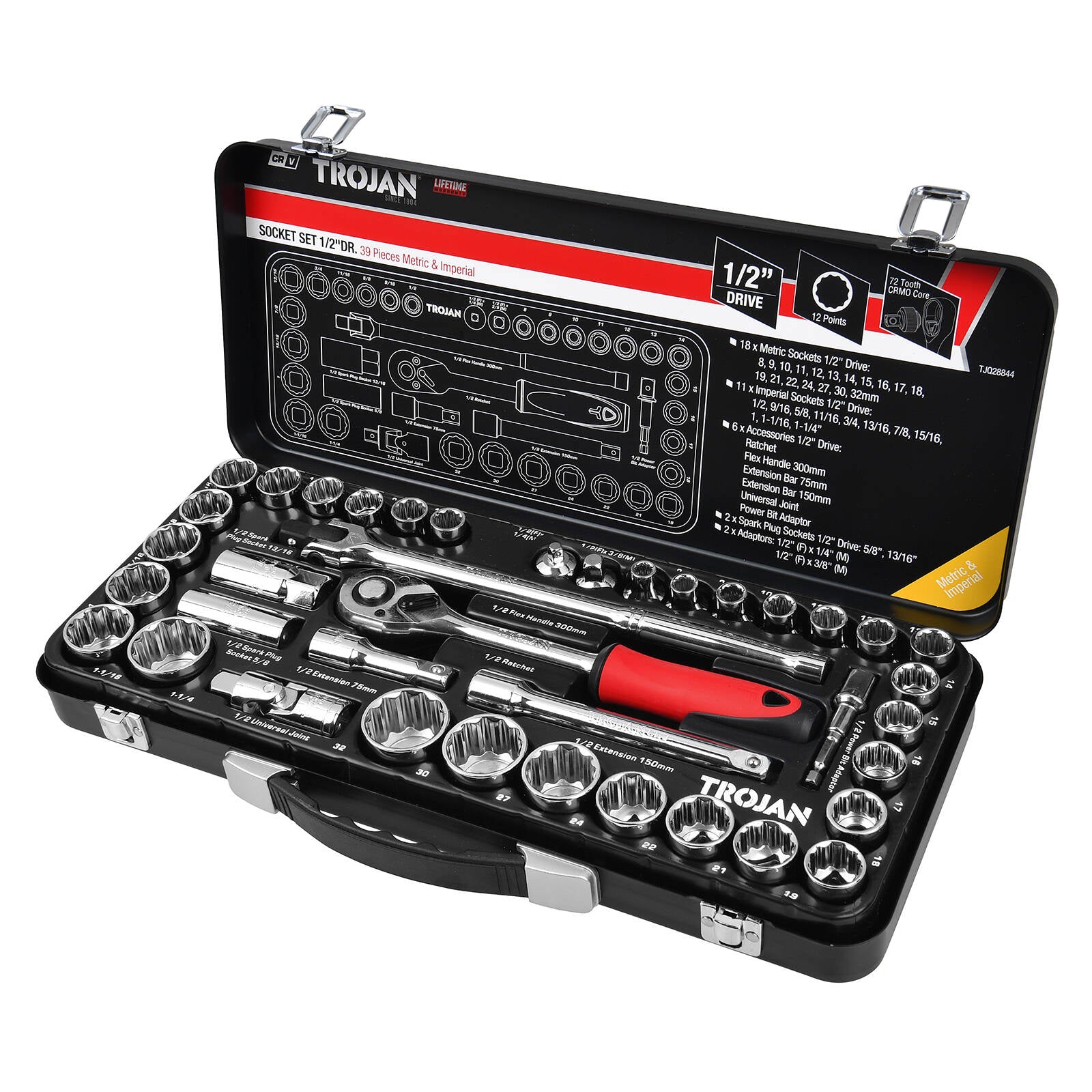 Trojan 39 Piece Socket Tin Set 1/2" Drive Metric & Imperial Chrome Vanadium