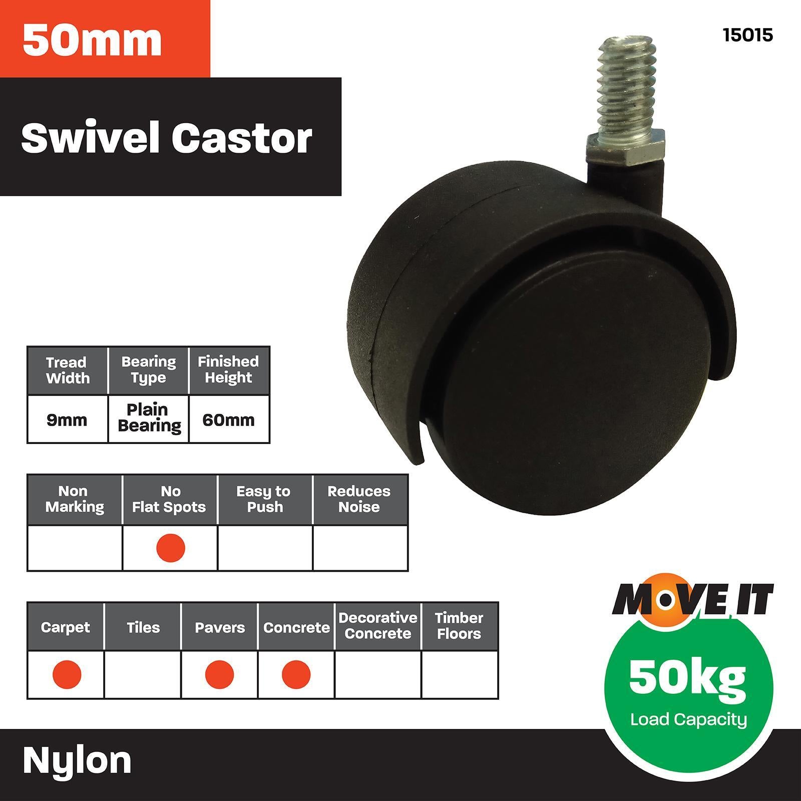 Move It 50mm 3/8" Threaded Hooded Furniture Castor, Nylon Twin Wheel Swivel, 50kg - 2 Pack