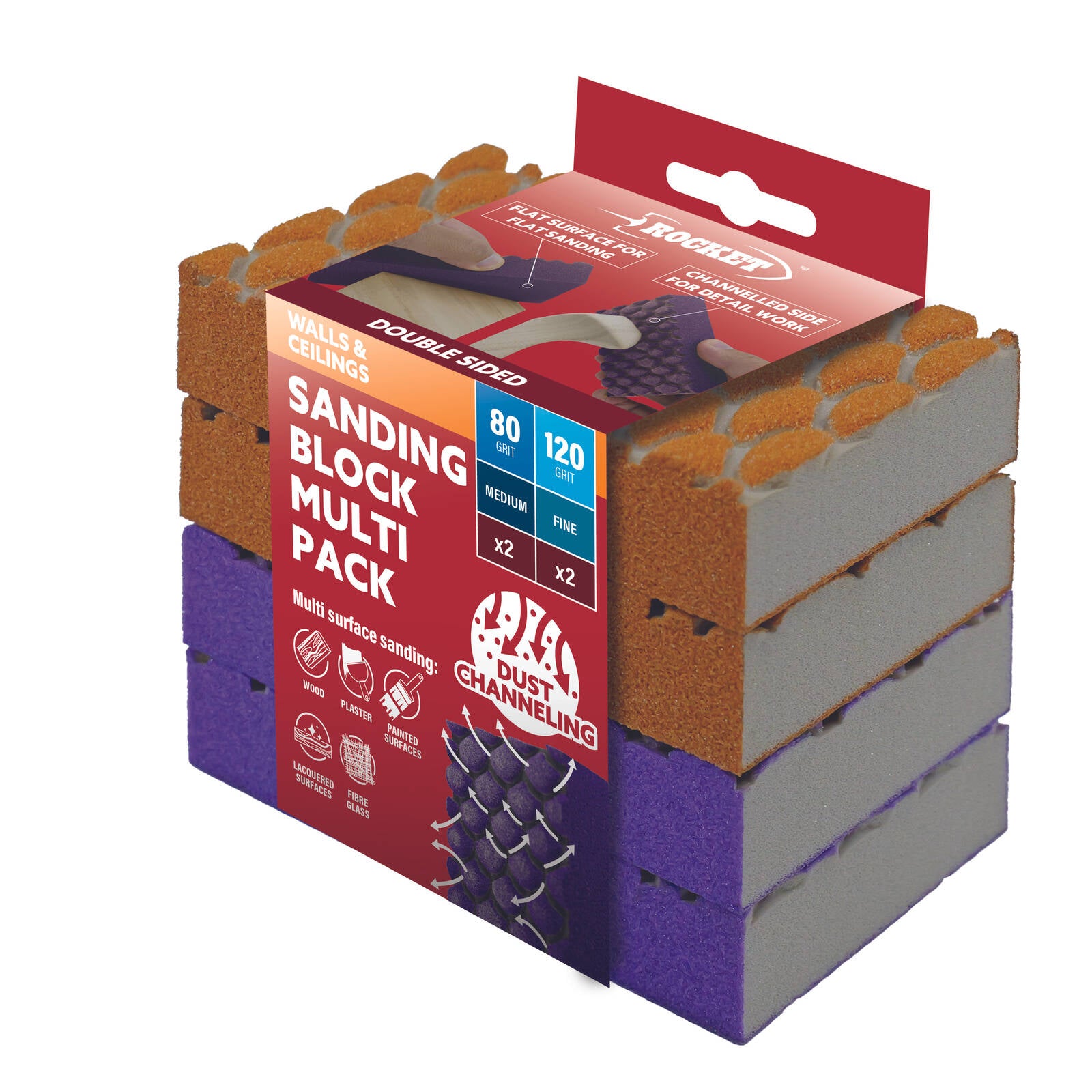 Rocket Walls and Ceilings Dual-Sided Sanding Block Multi Pack, Orange & Purple