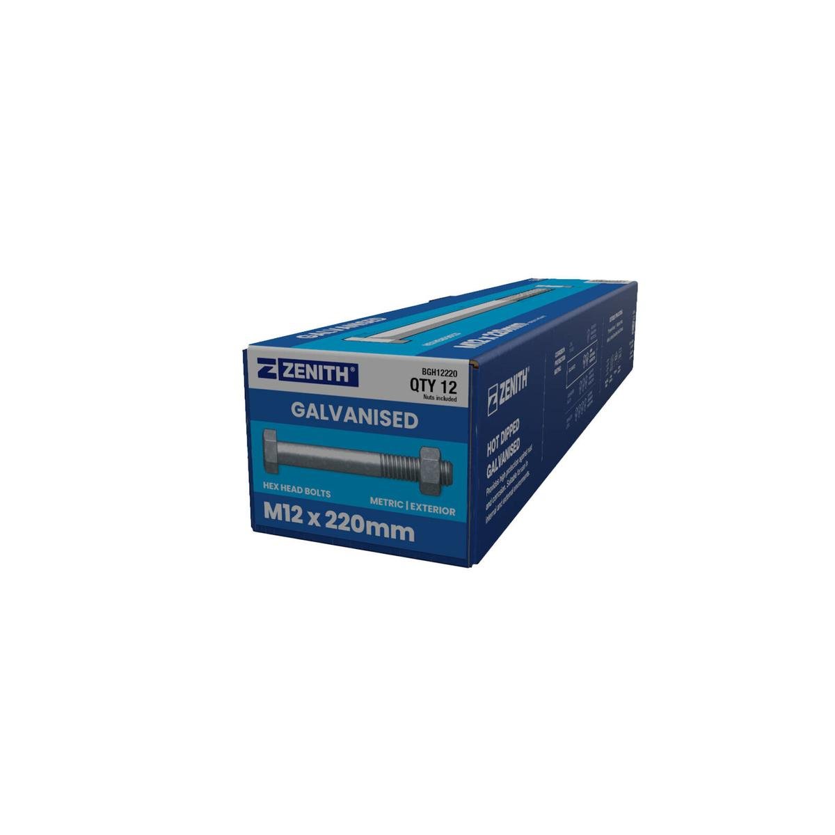Zenith Hot Dip Galvanised Hex Head Bolts M12 x 220mm 12 Pack - SuperSaverAU - view 1