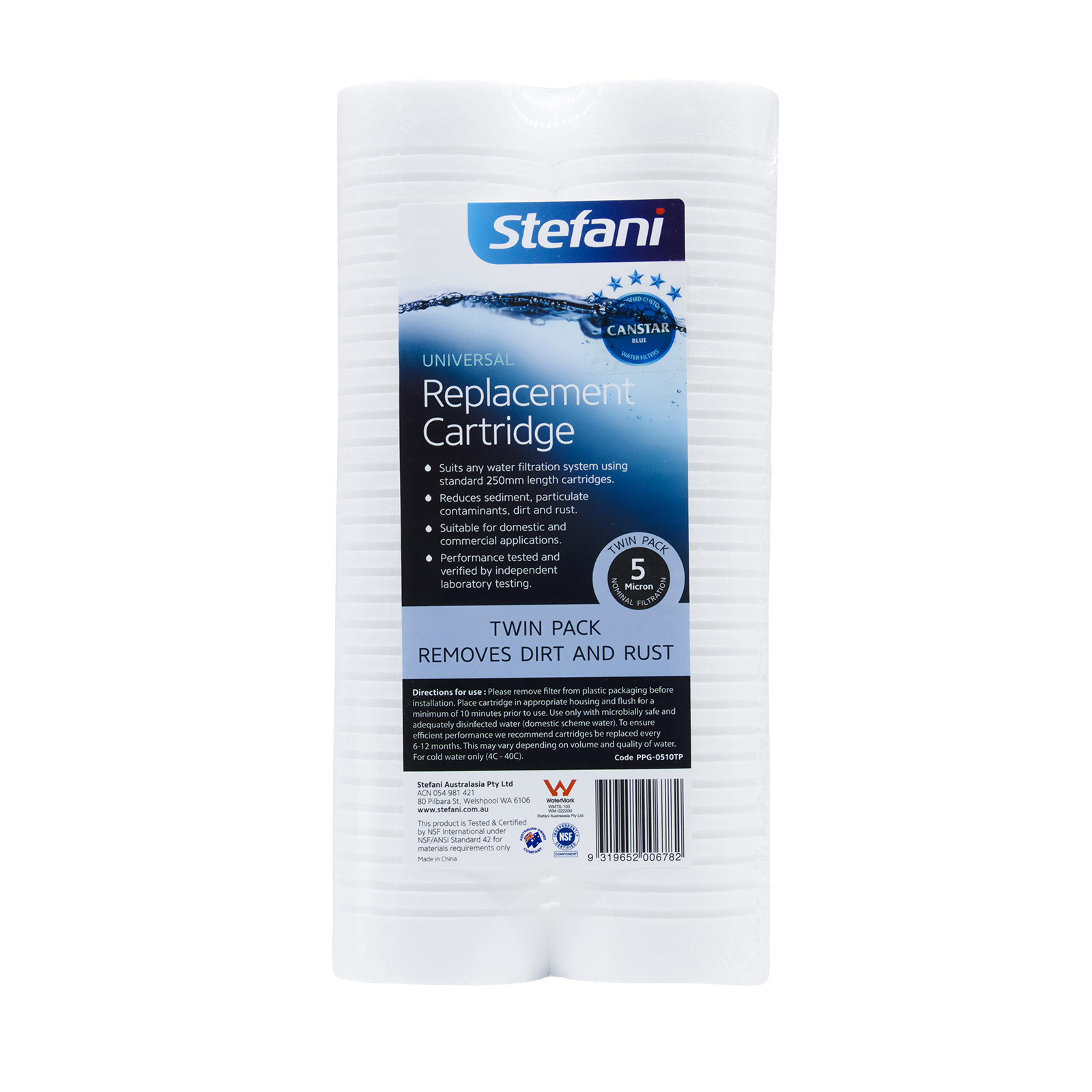 Stefani 5.0 Micron Normal Duty Universal Sediment Cartridge, 250mm, Polypropylene, Twin Pack