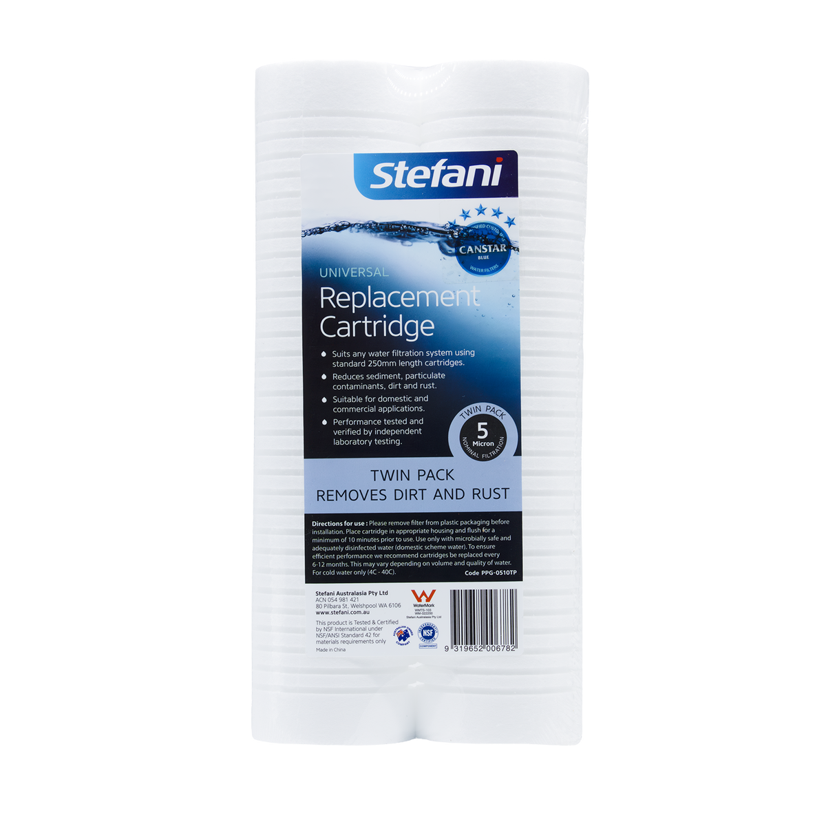 Stefani 5.0 Micron Sediment Filter Twin Pack - 250mm Polypropylene - Reduces Contaminants - SuperSaverAU - view 1