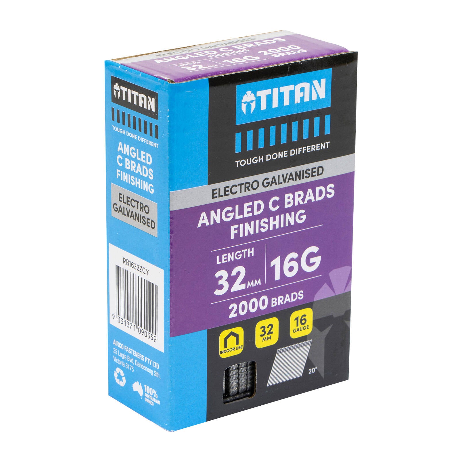 Titan 32 x 1.6mm 16 Gauge Electro Galvanised 20° Angled C Brads - 2000 Pack