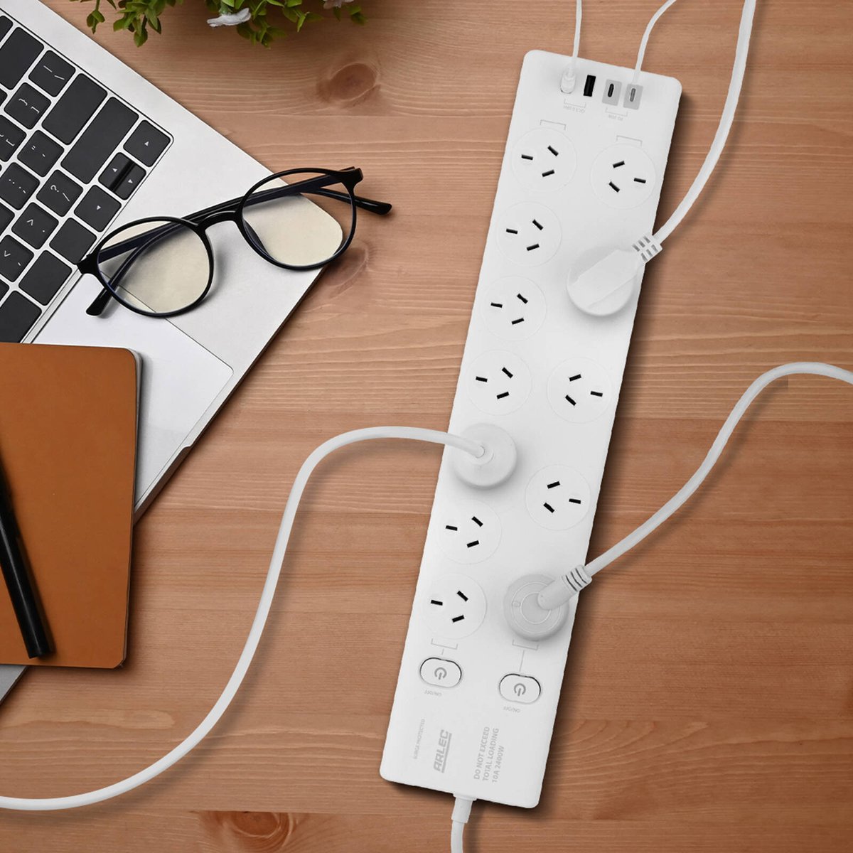 Arlec 12 Outlet Surge Protected Powerboard 190mm x 30mm - White - PD20W USB Charging - SuperSaverAU - view 4