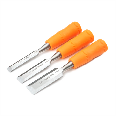 Craftright 3 Piece Wood Chisel Set, 12mm 19mm 25mm Carbon Steel, Orange
