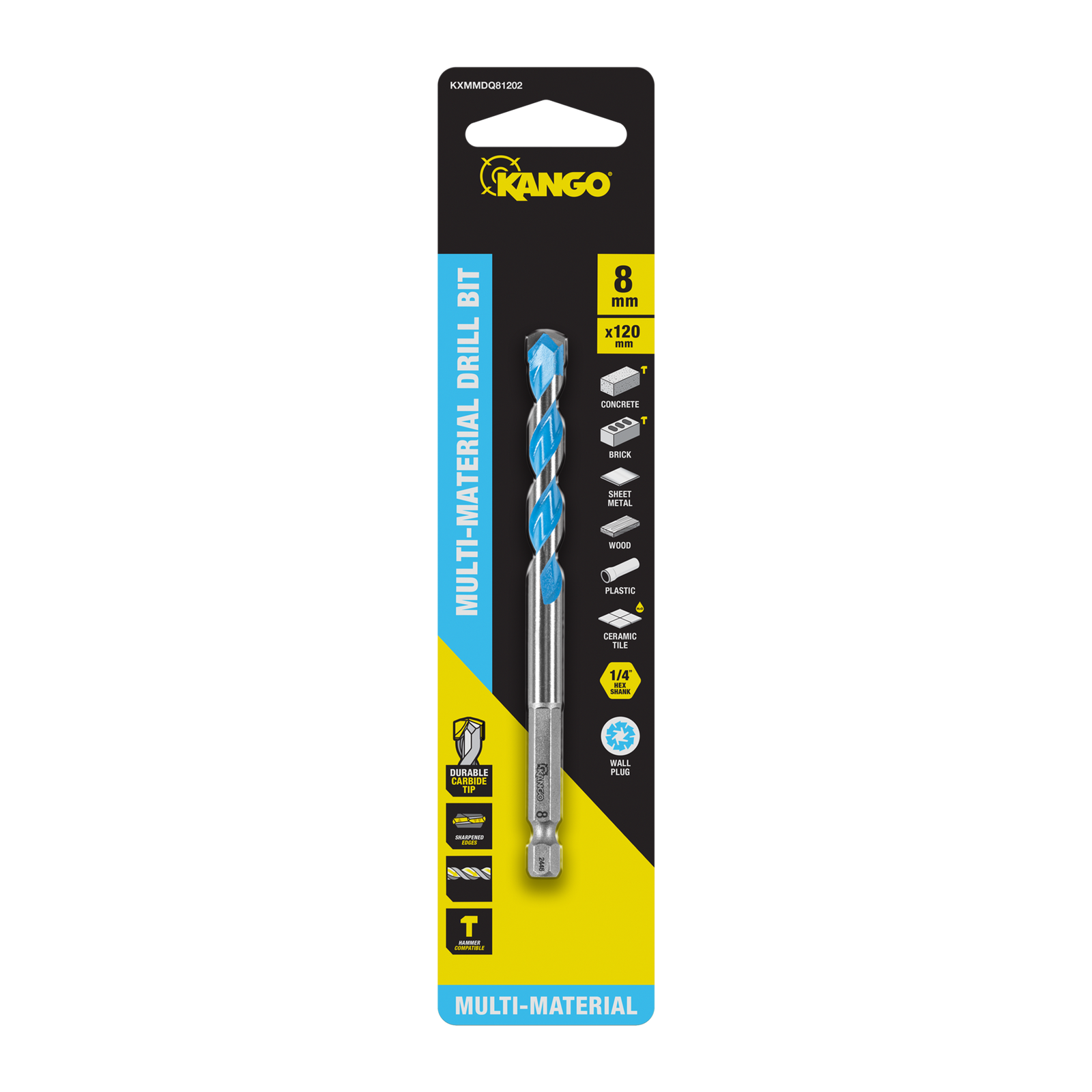 Kango 8 x 120mm Multi-Material Drill Bit - Carbide Tip, 1/4" Hex Shank