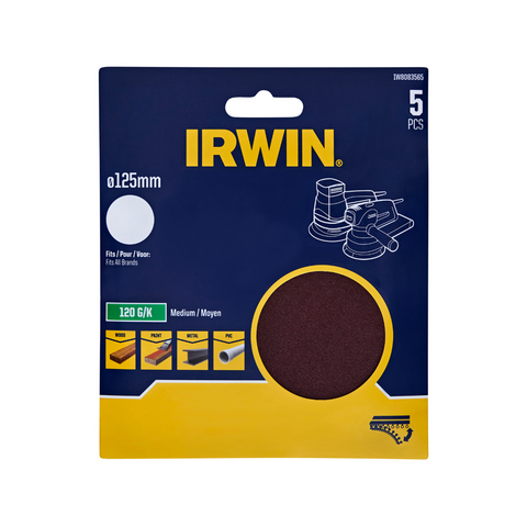 Irwin 125mm 120 Grit No-Hole Quick Fit Random Orbital Sanding Discs - 5 Pack