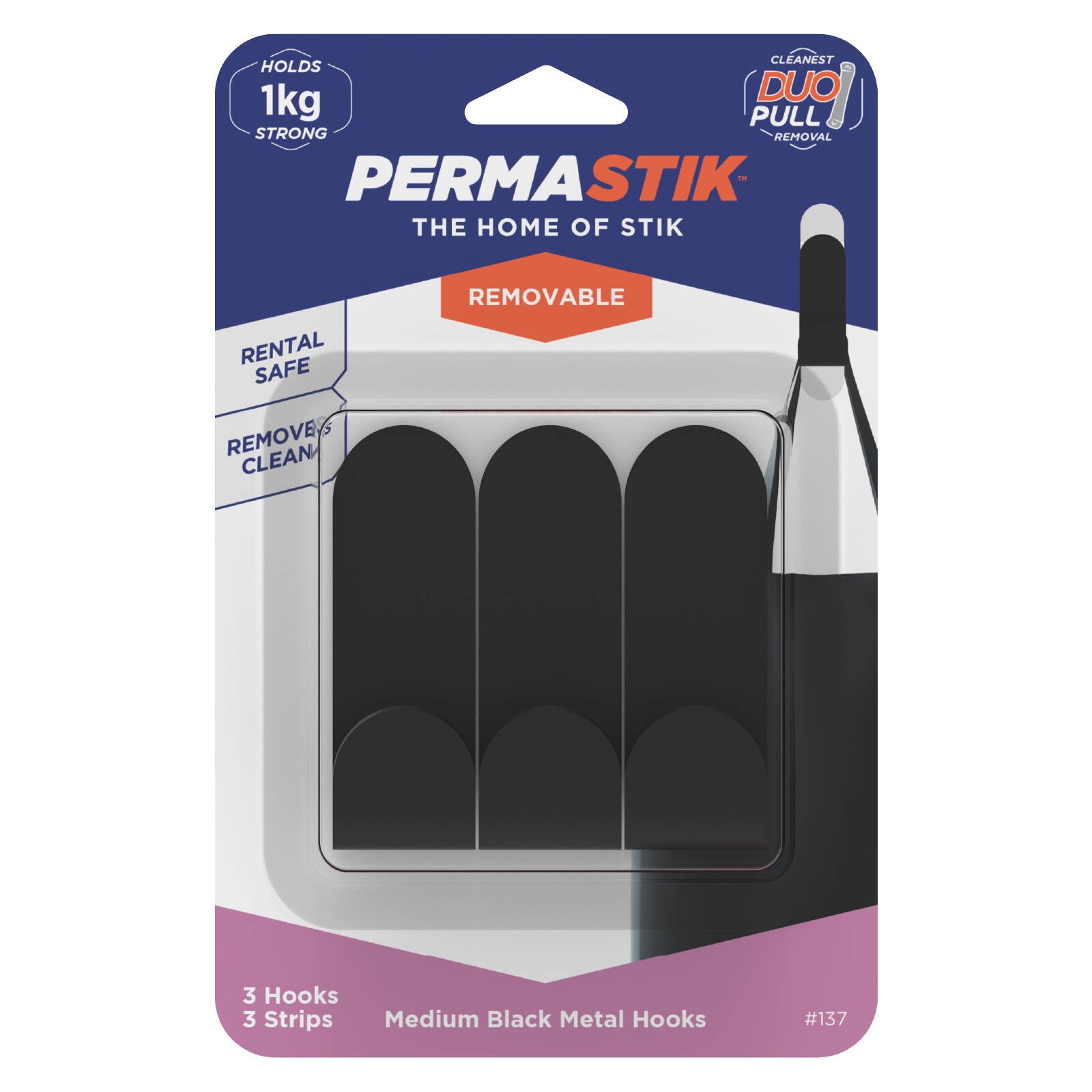 Permastik Medium Matte Black Stainless Steel Adhesive Hooks 3 Pack