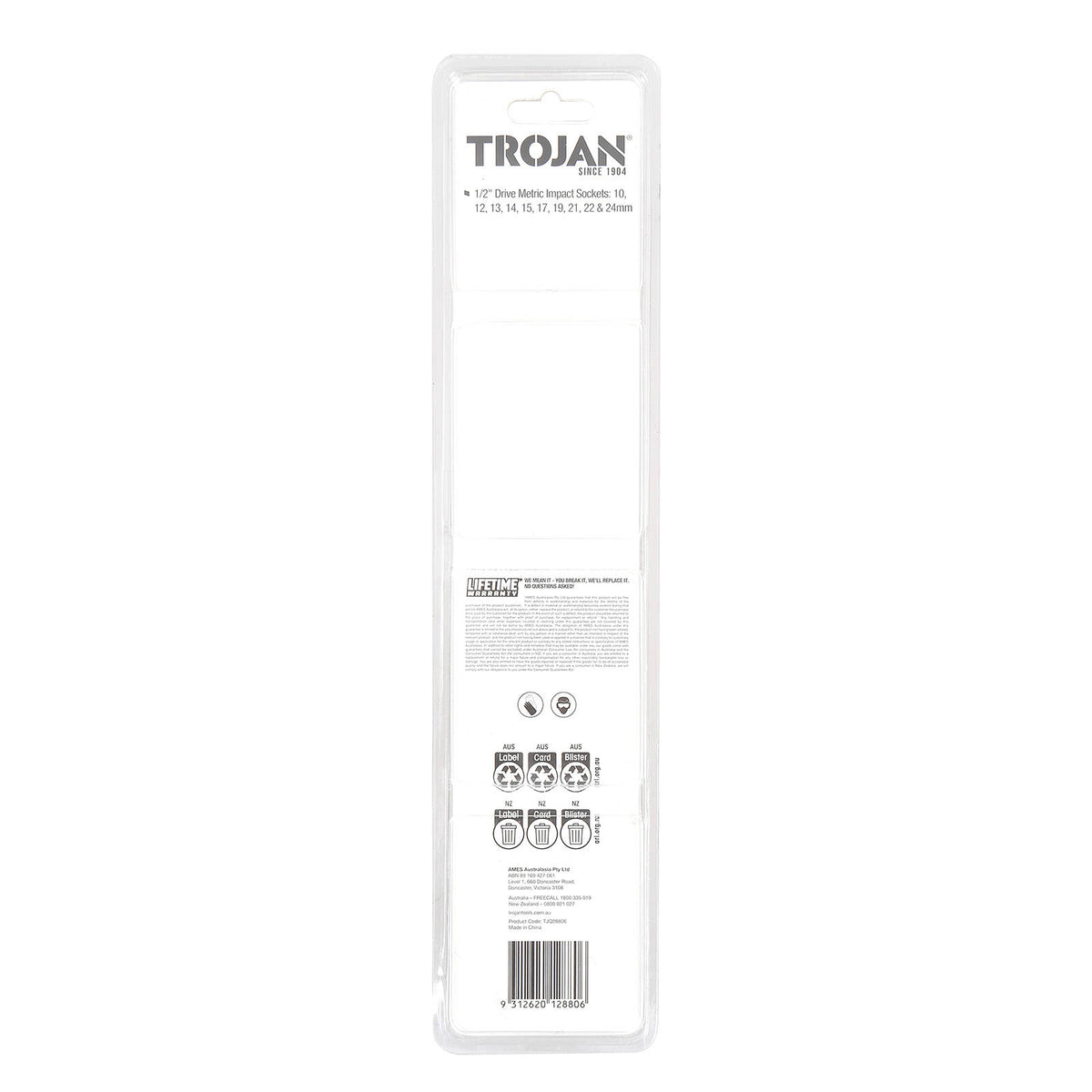 Trojan 10 Piece 1/2" Drive Impact Socket Rail Set 10mm-24mm, 6 Point CR-MO