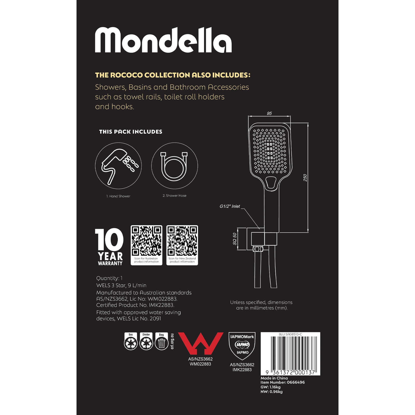 Mondella Chrome Rococo Multifunction Hand Shower Set 6L/min WELS 5 Star 4 Spray