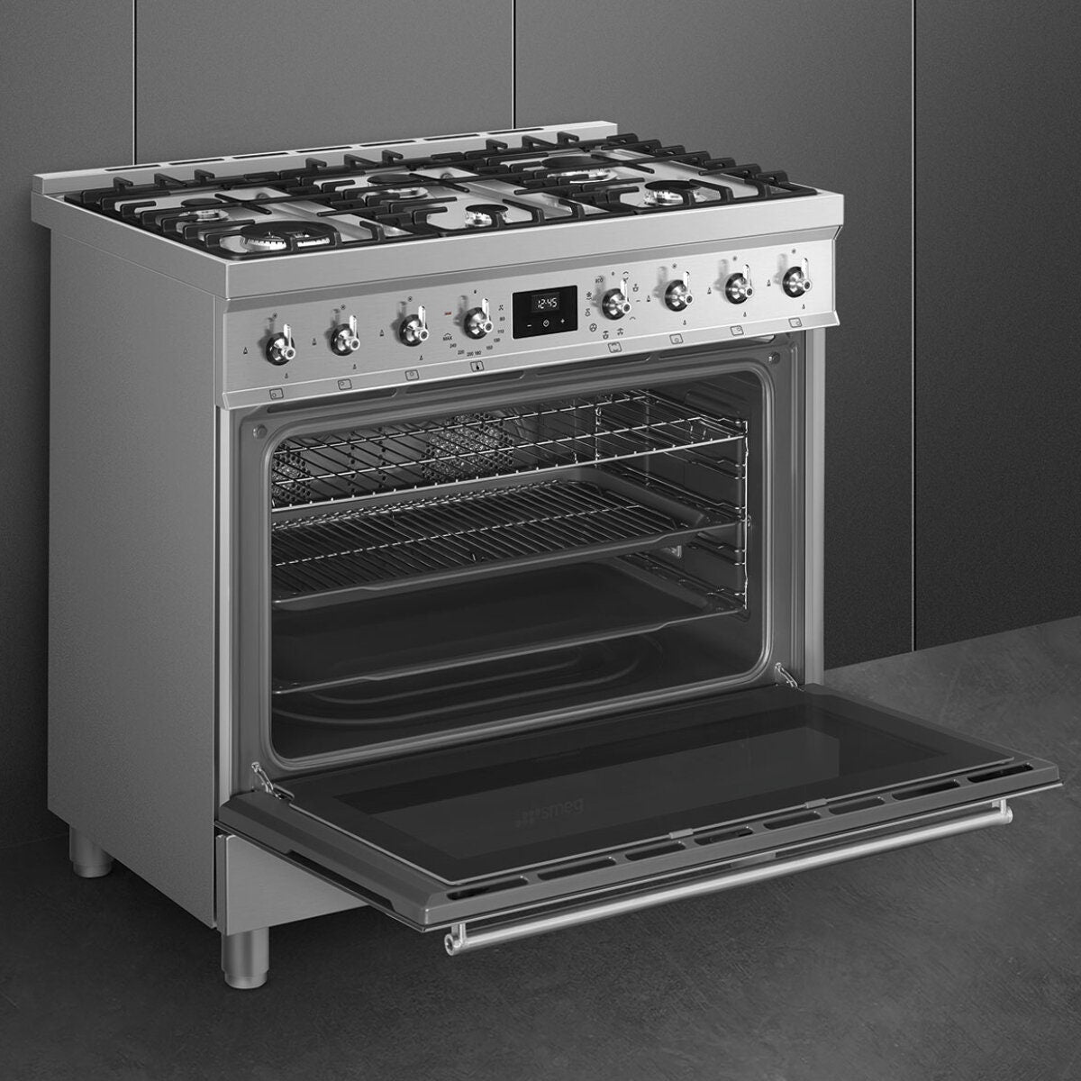 Smeg 90cm Classic Dual Fuel Freestanding Oven - 126L, Six Burner Gas Cooktop, Stainless Steel - CS9GMXA2