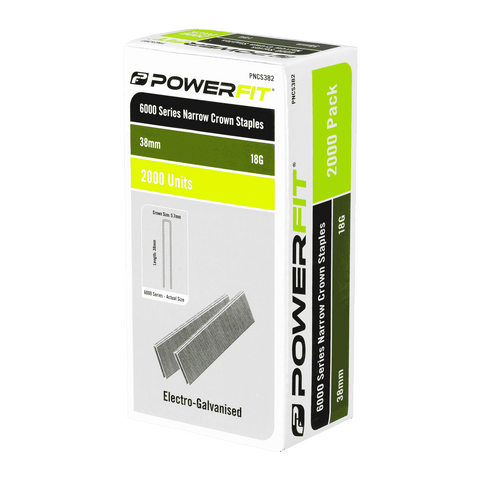 PowerFit 38mm 18 Gauge 6000 Series Electro-Galvanised Narrow Crown Staples - 2000 Pack
