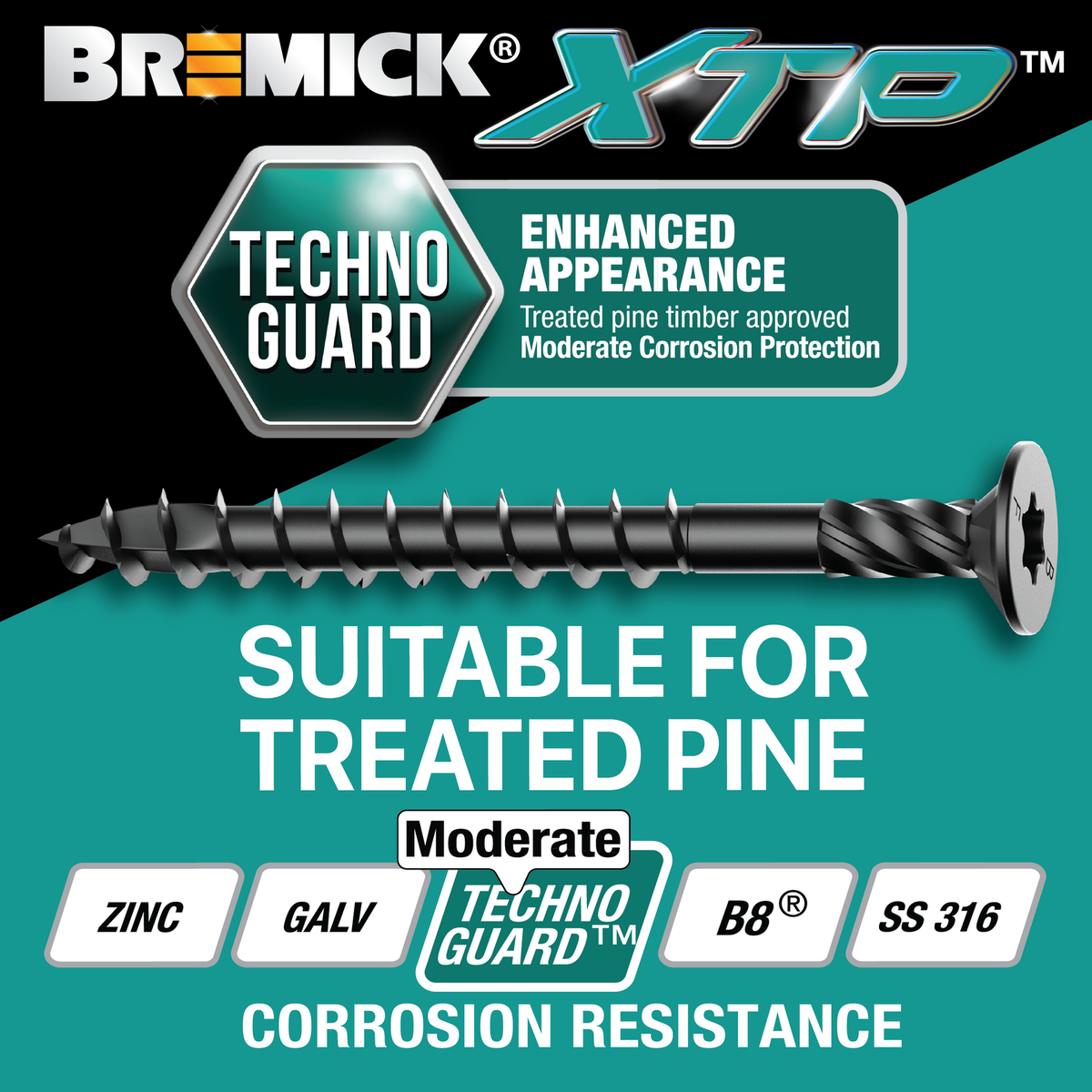 Bremick XTP 14g x 75mm Carbon Steel T40 Bugle Batten Screws Technoguard Black 100 Pack