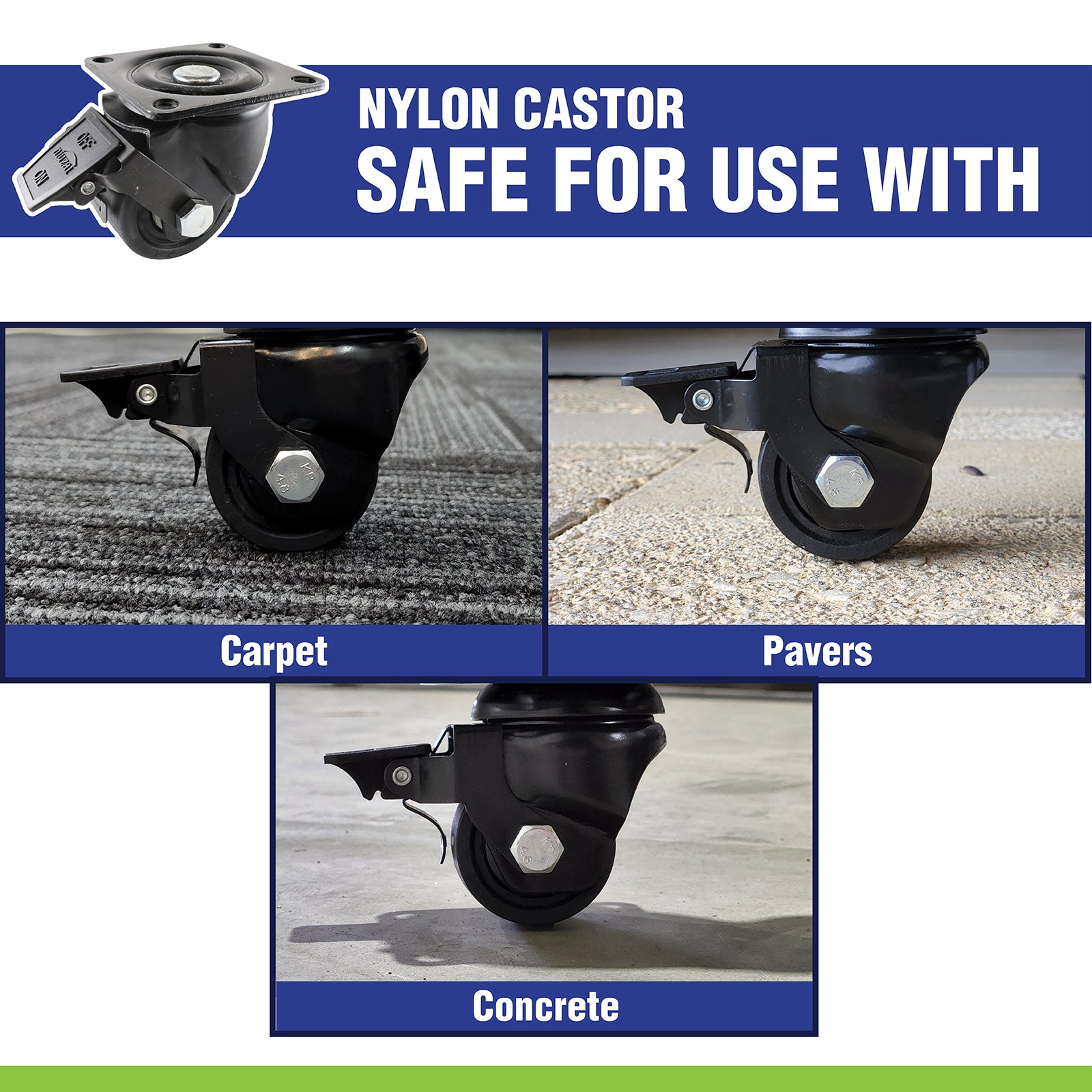 Easyroll 50mm Black Nylon Swivel Castor with Brake, 300kg Load