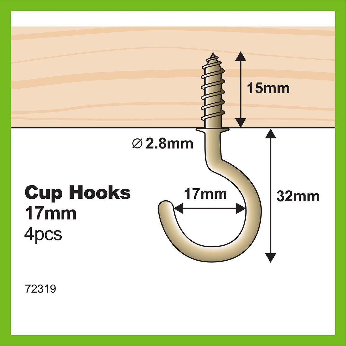 Everhang Brass Plated Cup Hook 18mm 5kg - 4 Pack