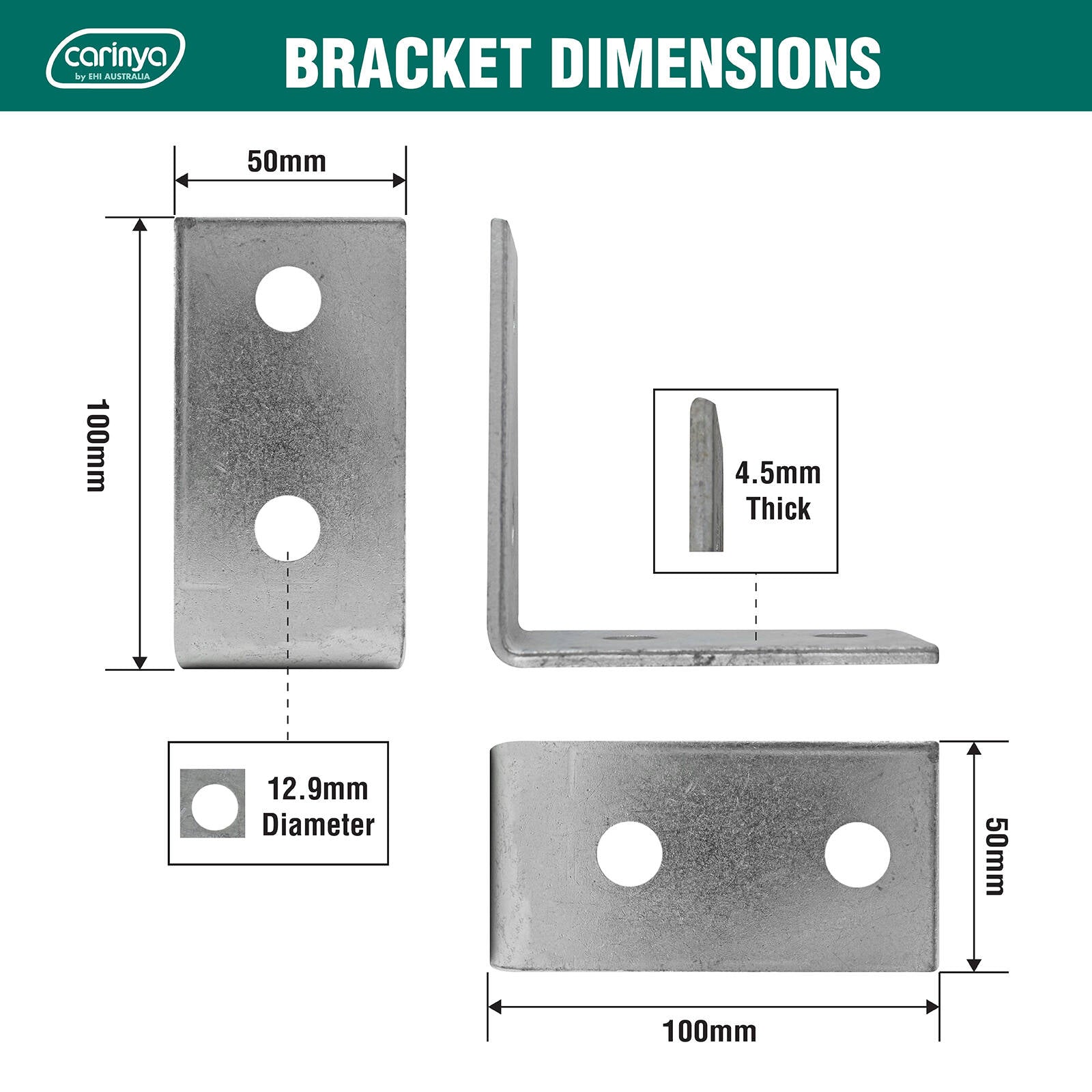 Carinya 100 x 100 x 50 x 4.5mm Zinc Plated Steel Reinforcing Angle Bracket
