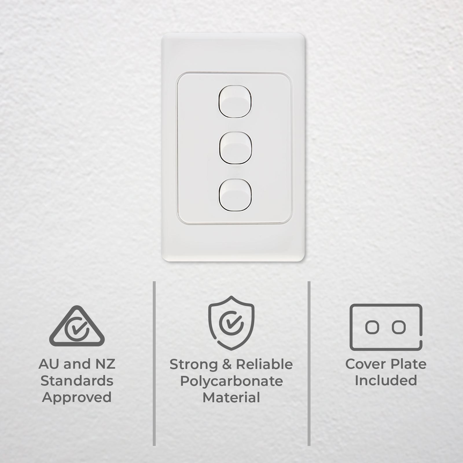 DETA Triple Vertical Switch 3 Gang 10A 240V Polycarbonate White 6103VB