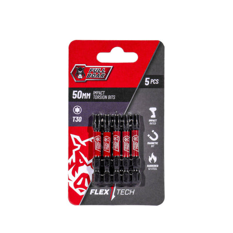 Full Boar T30 x 50mm S2 Steel Magnetic Impact Torsion Bits 5 Pack