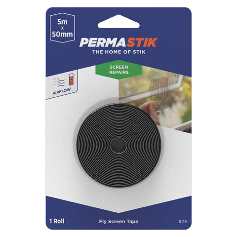 Permastik 5m x 50mm Flyscreen Repair Tape - Black Fibreglass Self-Adhesive