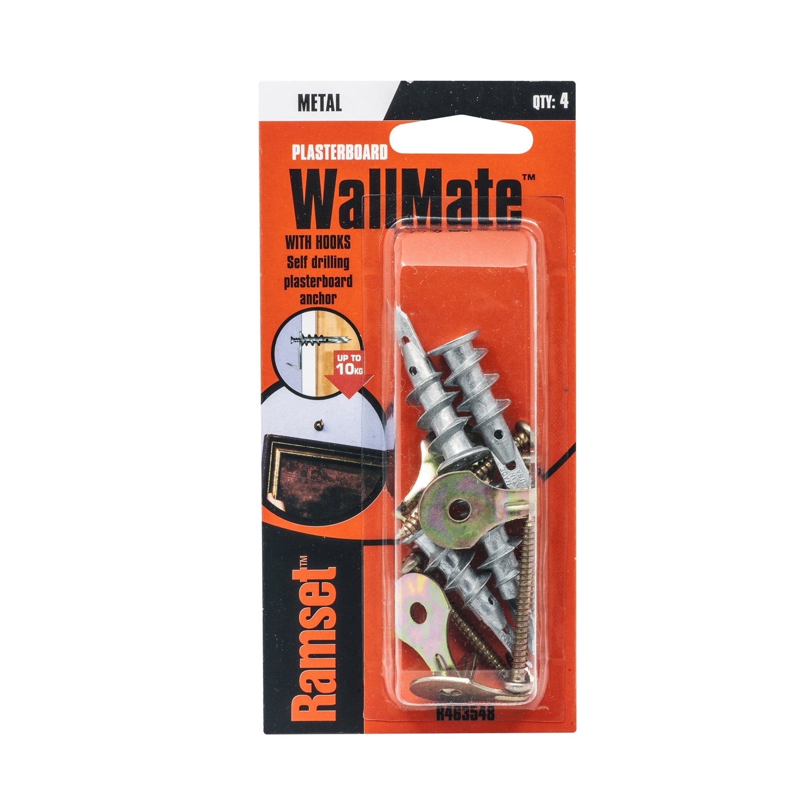 Ramset WallMate Plasterboard Anchor with Screws & Hooks, Zinc Alloy, 4 Pack