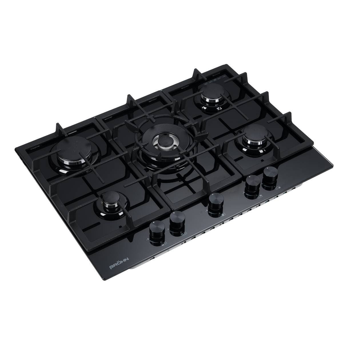 Brohn 70cm Natural Gas Cooktop - Black Tempered Glass, Five Burners, Triple Crown Wok Burner - BRG7000BLK