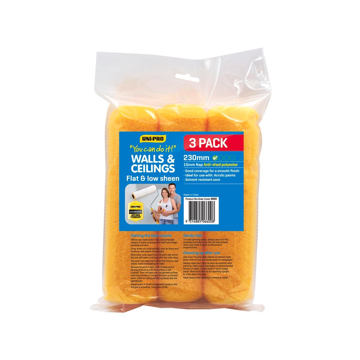 Uni-Pro You Can Do It 230mm Wall & Ceiling Roller Cover 3 Pack - 10mm Nap Polyester