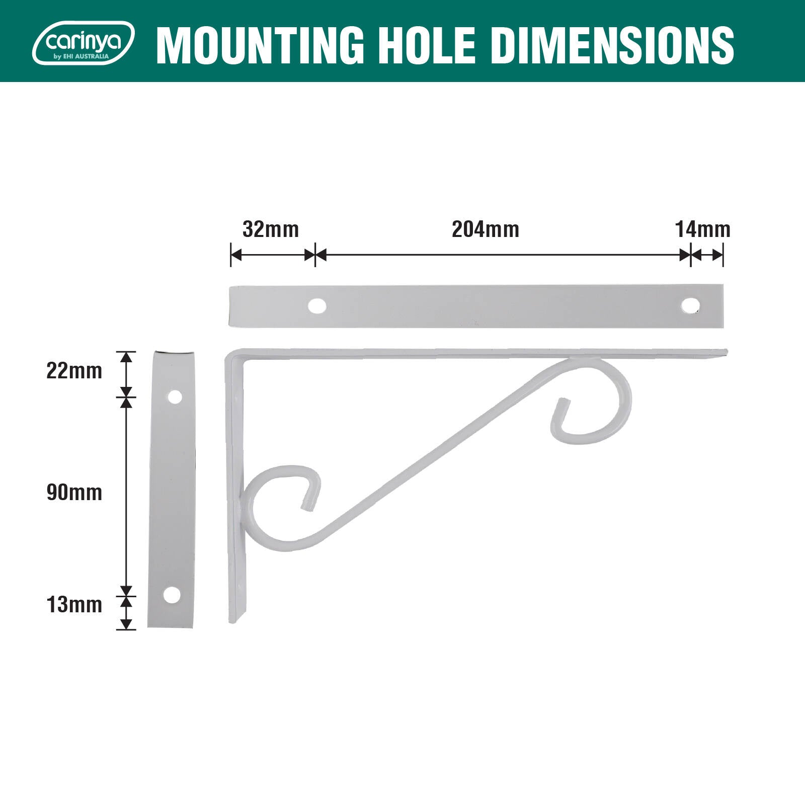 Carinya 250 x 125mm White Powder Coated Steel Scroll Stayed Bracket 80kg