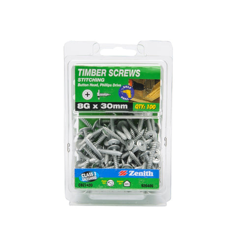 Zenith 8G x 30mm Galvanised Button Head Stitching Timber Screws - 100 Pack