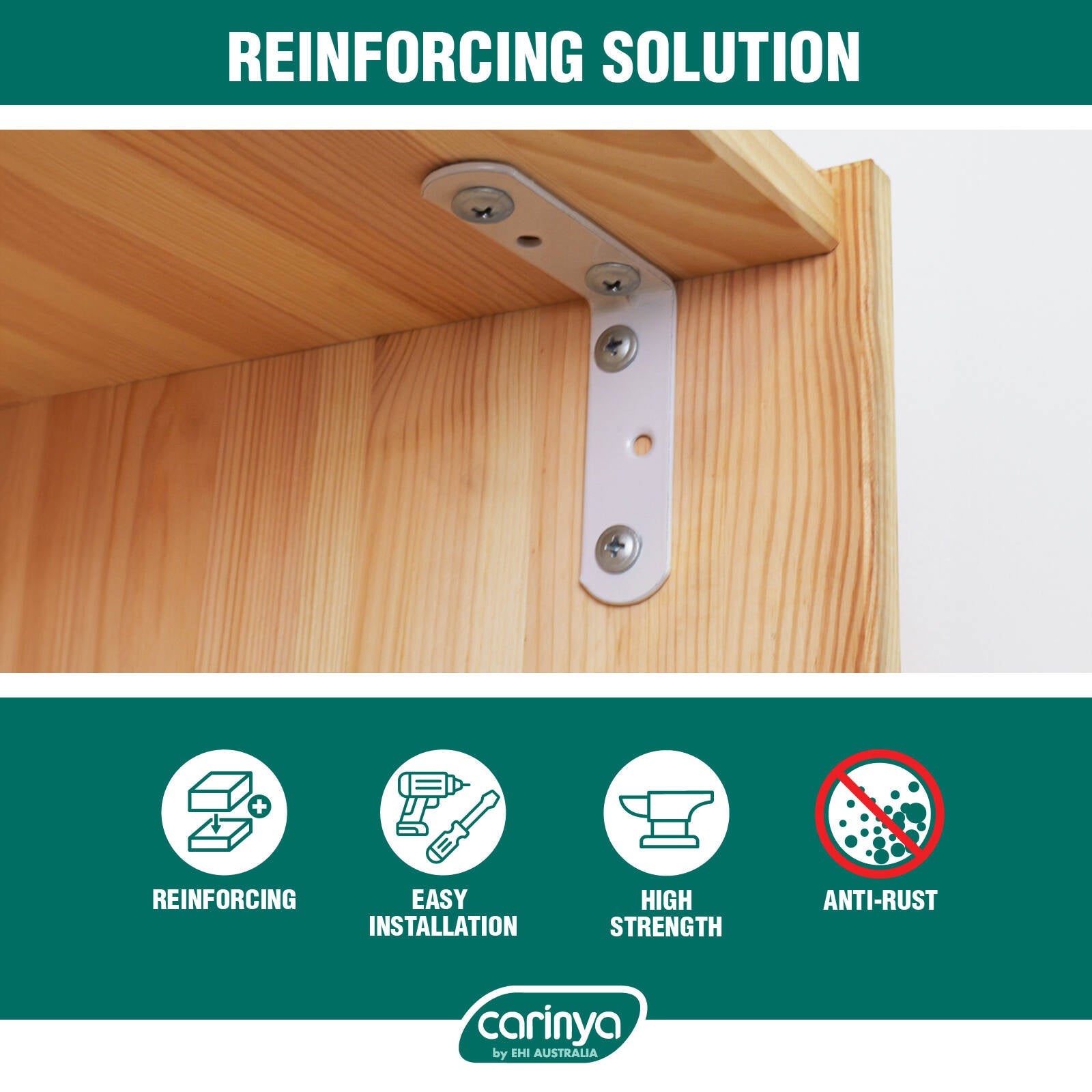 Carinya 70 x 70 x 20 x 2mm White Powder Coated Reinforcing Angle Bracket 8 Pack
