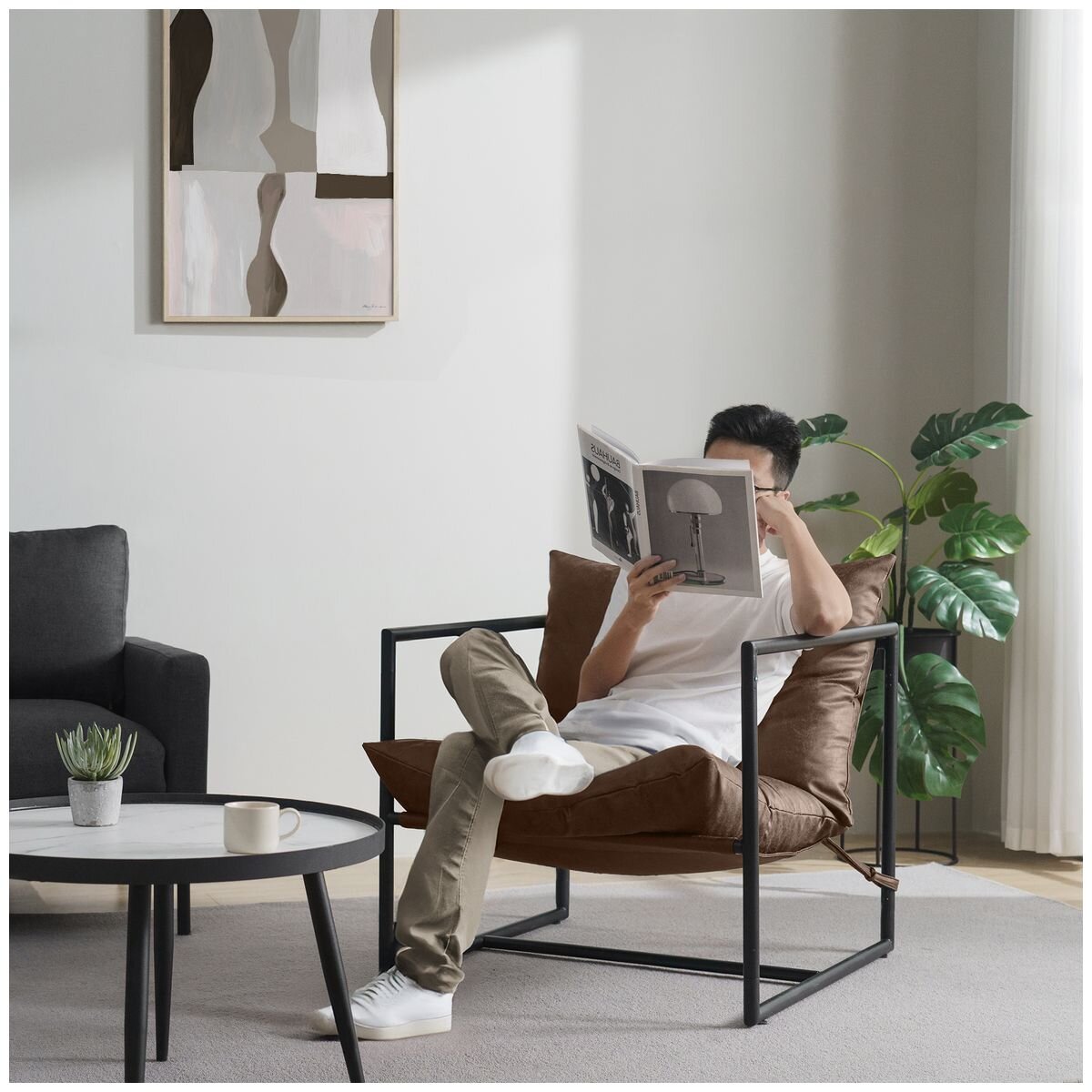 Zinus Sling Accent Chair - Cognac Tan Brown, Water-Repellent Upholstery, Metal Frame - AU-USHSL3ZC-31C