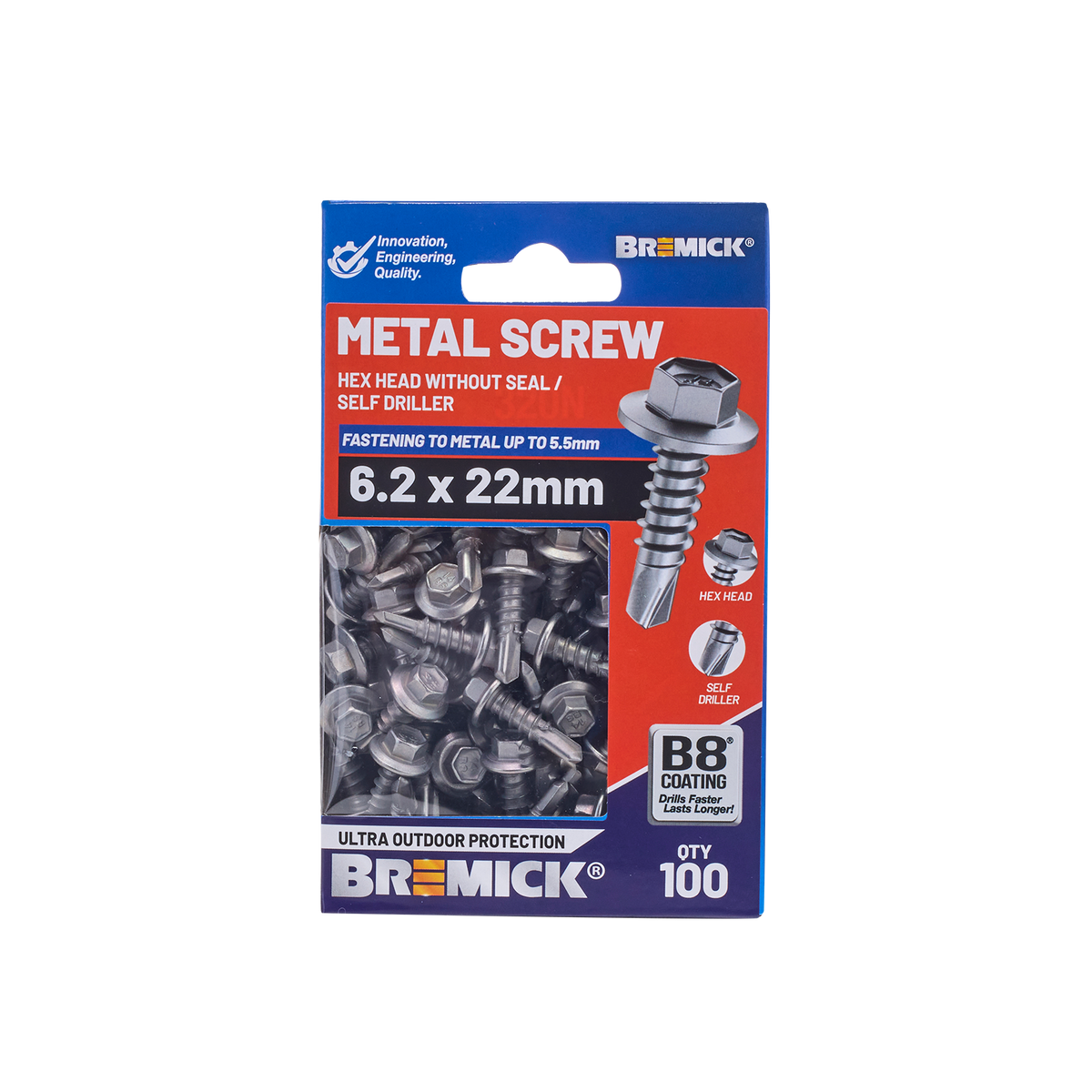 Bremick 6.2 x 22mm Hex Metal Screw, Carbon Steel B8 Coating, Drill Point Fine Thread - 100 Box