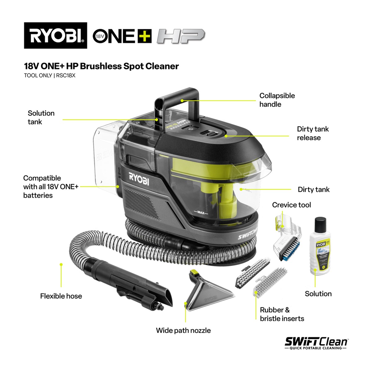 Ryobi 18V ONE+ HP Brushless SWIFTClean Spot Cleaner RSC18X - Tool Only