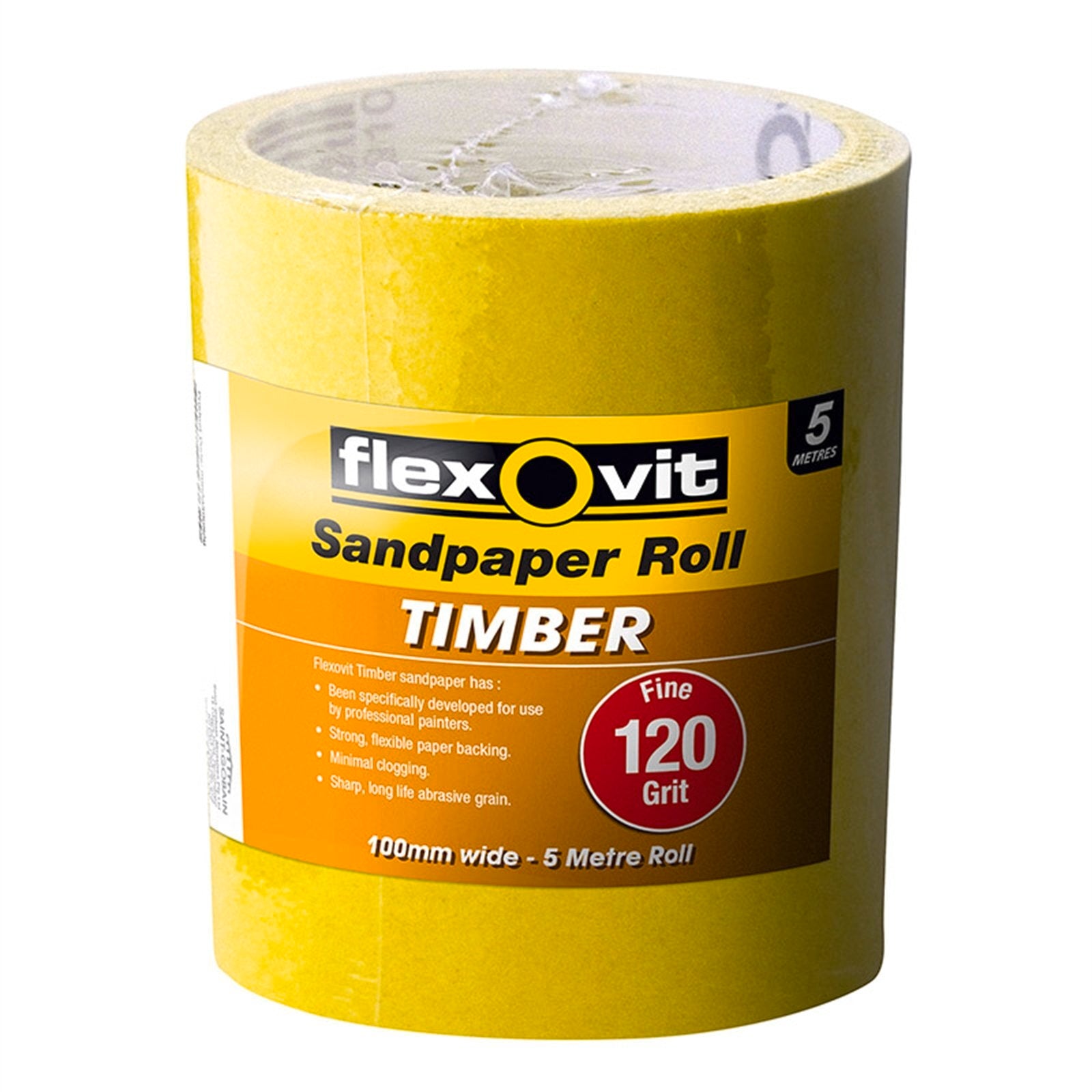 Flexovit 115mm x 5m 120 Grit Timber Sandpaper Roll, Aluminium Oxide, Sharp Cutting
