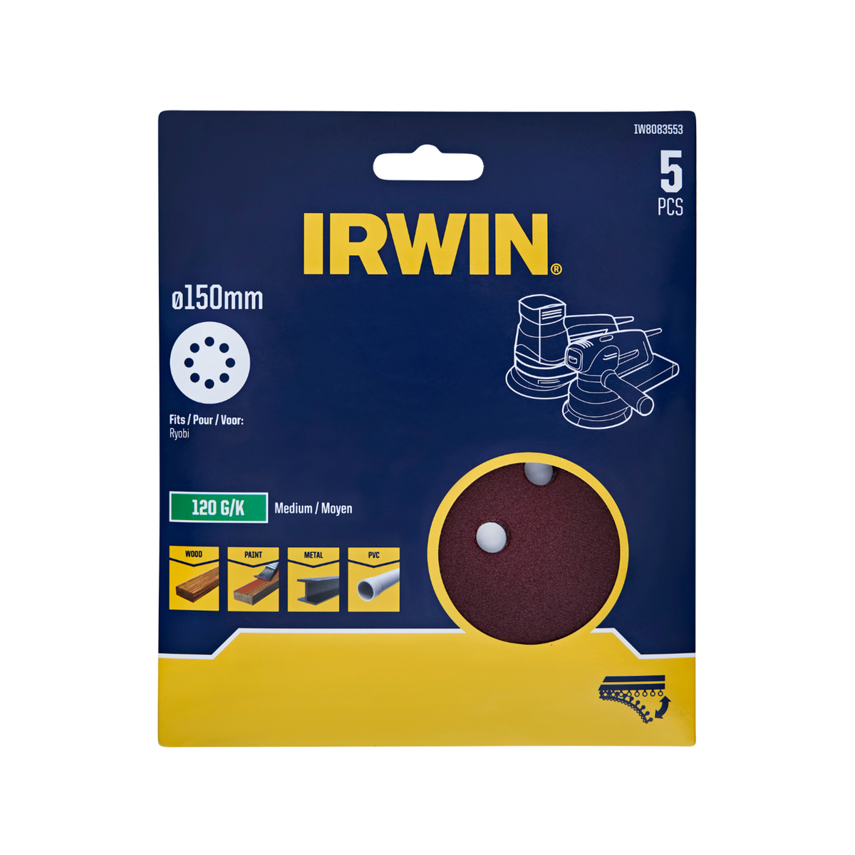 Irwin 150mm 120 Grit 8-Hole Quick Fit Random Orbital Sanding Discs - 5 Pack