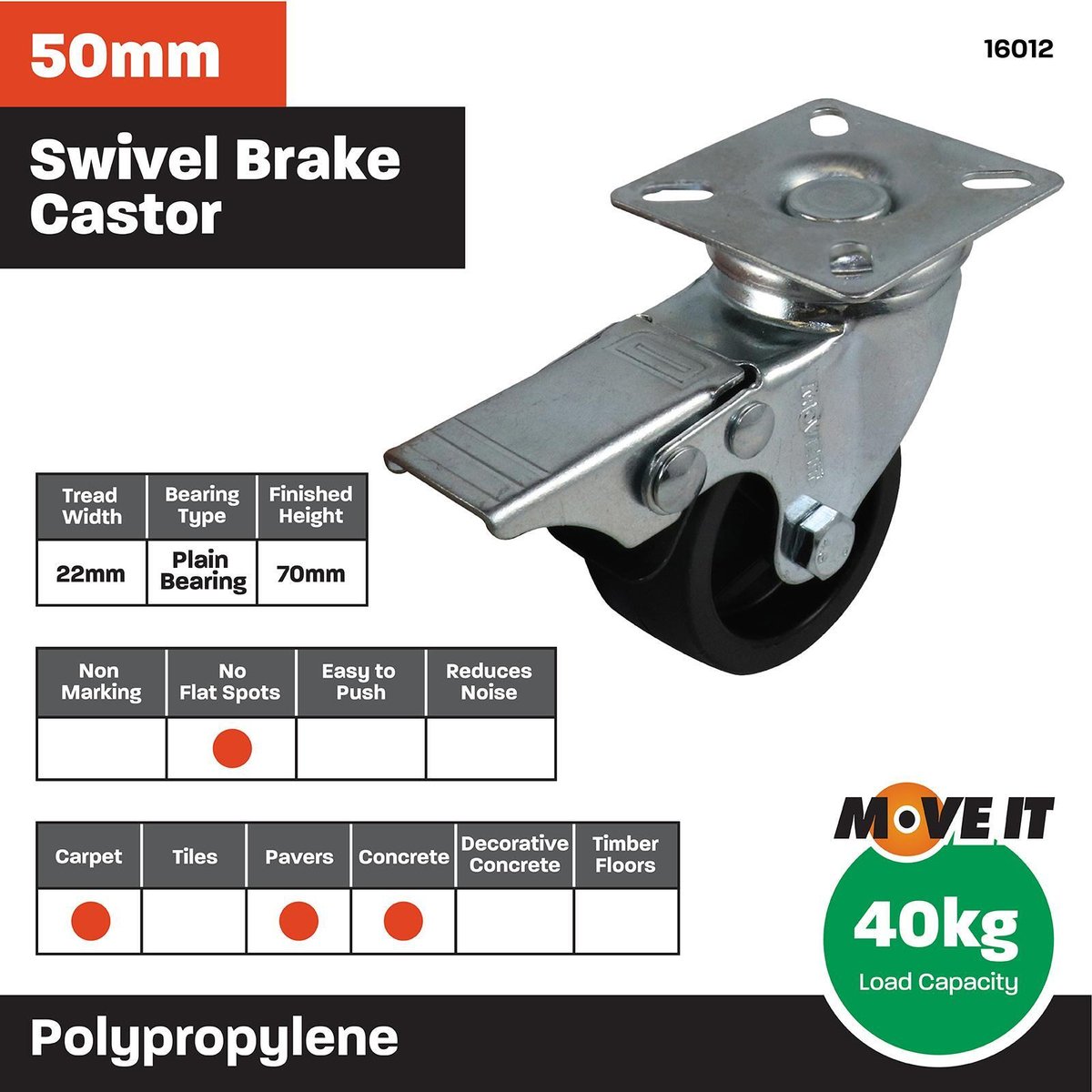 Move It 50mm Swivel Brake Castor Black 40kg Steel Plate