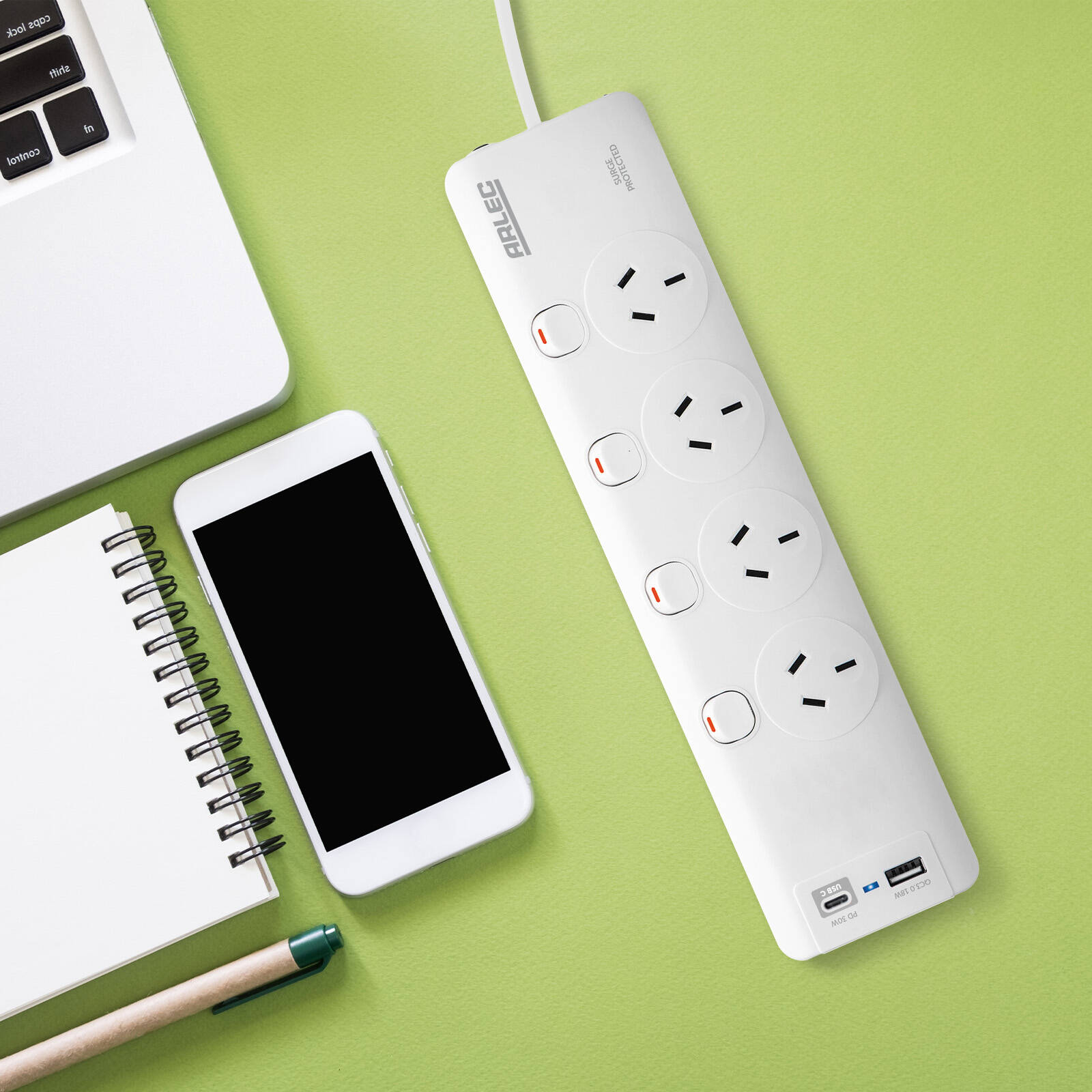 Arlec 4 Outlet Individually Switched Surge Powerboard PD30W USB-A & USB-C 1.8m White