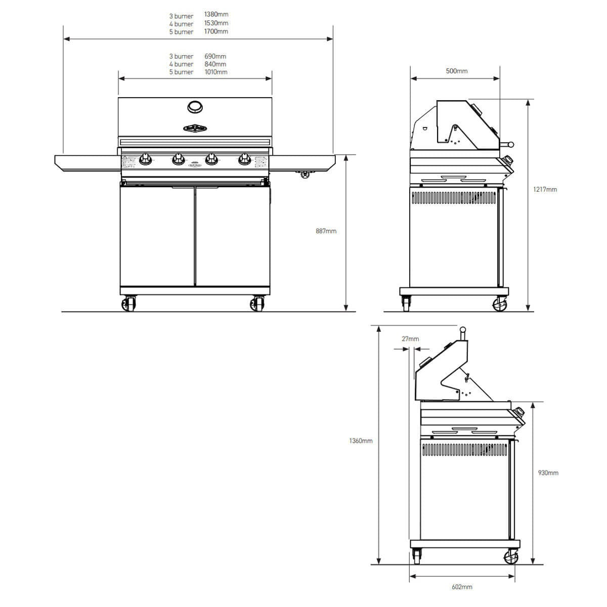 Beefeater 1200 Series 3 Burner LPG BBQ with Trolley - Stainless Steel - Lockable Castor Wheels - BMG1230SB